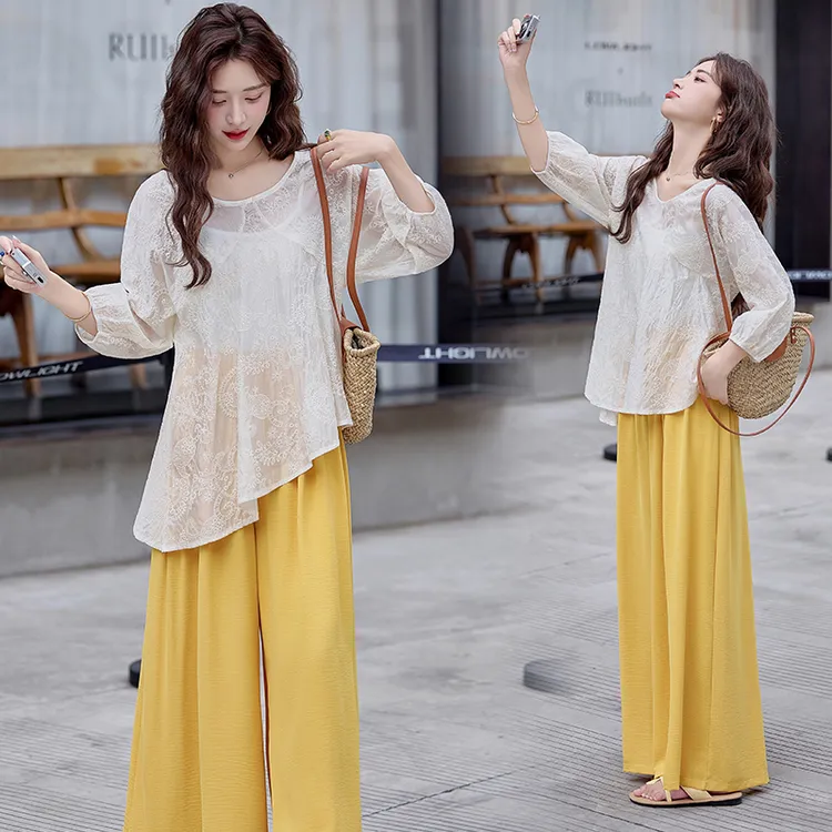 设计感刺绣蕾丝罩衫套装女2025年夏季新款慵懒风气质阔腿裤三件套