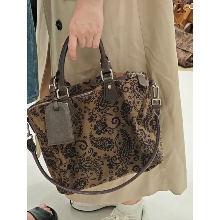 YUSHA/高档棕色涂鸦腰果花麂皮手提波士顿-6762