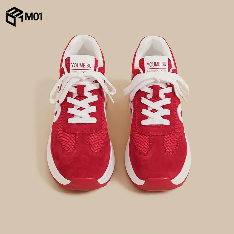 M01秋季新款厚底老爹鞋女红色松糕运动慢跑鞋休闲百搭德训阿甘鞋
