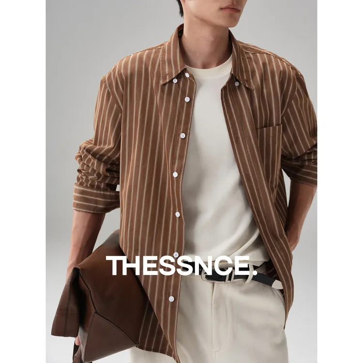 THESSNCE 松弛感全棉日式条纹 碳磨磨绒翻领衬衫男秋