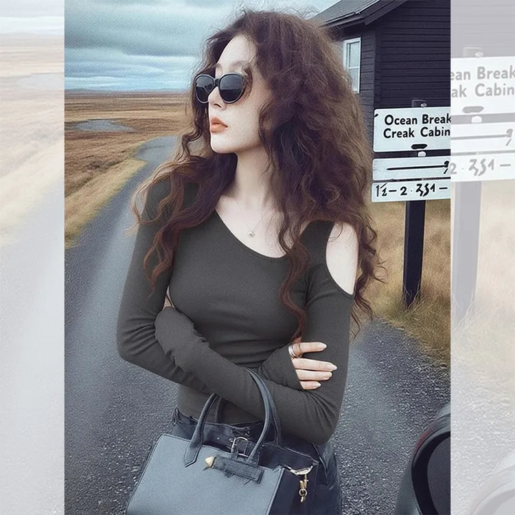 独特漂亮灰色露肩小衫韩系秋冬季穿搭内搭长袖t恤洋气上衣服女装