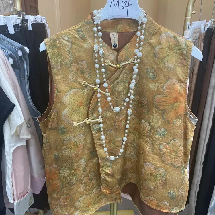 M54大花印花复古新中式无袖衬衫薄款上衣