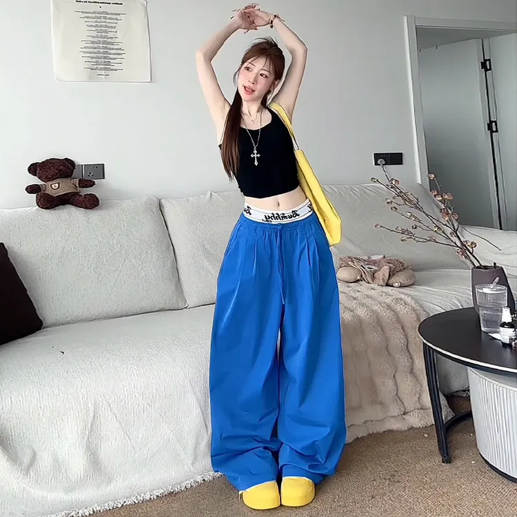 蓝色轻氧漫游裤女款2025新品慵懒高腰抽绳松紧宽松纯色简约休闲裤