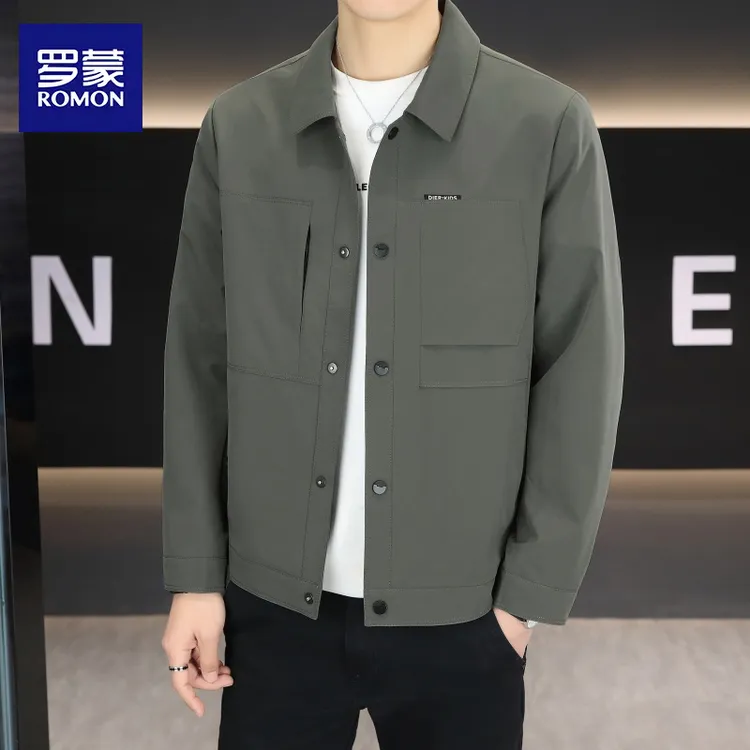 罗蒙纯色美式休闲百搭青年潮流外套男秋季修身翻领新款高品质夹克