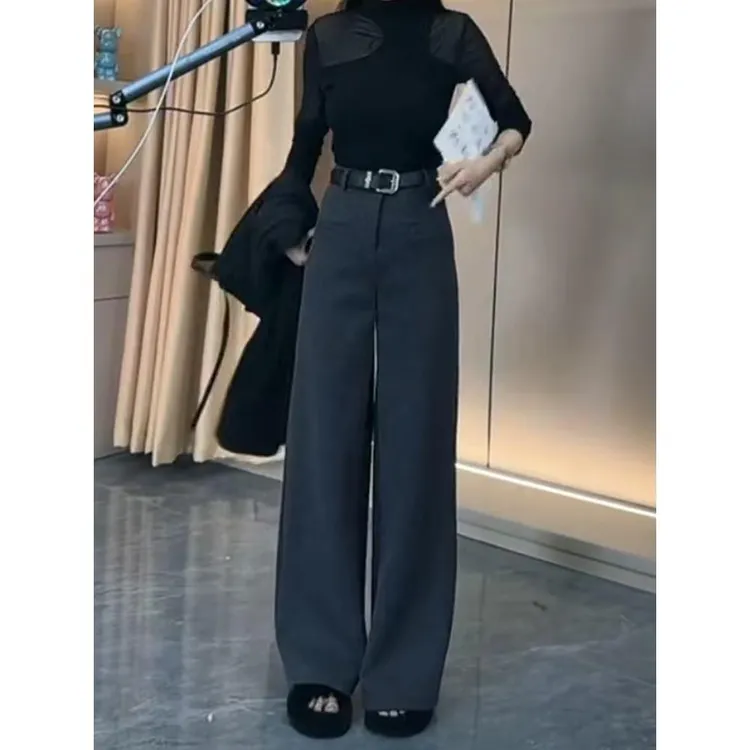 加绒加厚灰色毛呢裤女秋冬2025新款窄版阔腿裤大码胖mm显瘦直筒裤