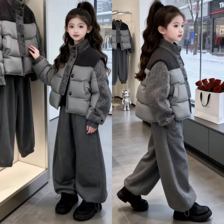女童酷飒风拼接棉衣冬季套装2025新款中大童韩系面包服加绒弯刀裤