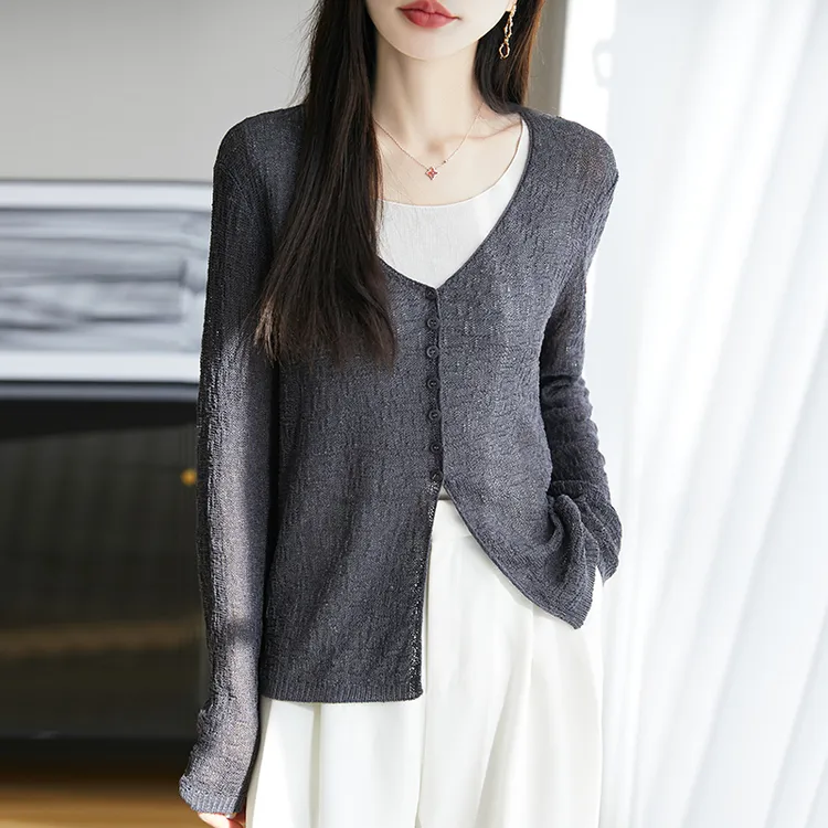 轻奢高端莱赛尔+亚麻镂空轻薄防晒衫女夏季宽松百搭短款空调开衫