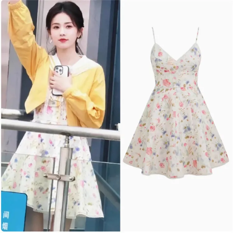 奔跑吧白鹿法式吊带碎花裙女夏甜美公主风收腰显瘦时尚A字连衣裙