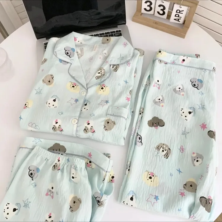 三件套薄荷小狗睡衣女夏季云朵棉短袖长裤可爱ins风春秋天家居服
