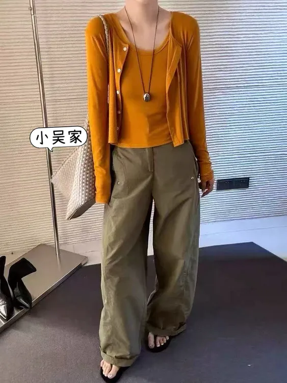 「小吴家」复古开衫吊带拖地阔腿裤套装早秋新款2025女装潮
