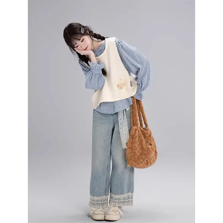实价现货裤脚蕾丝花边阔腿牛仔裤女春季薄款浅蓝色小个子显瘦裤子