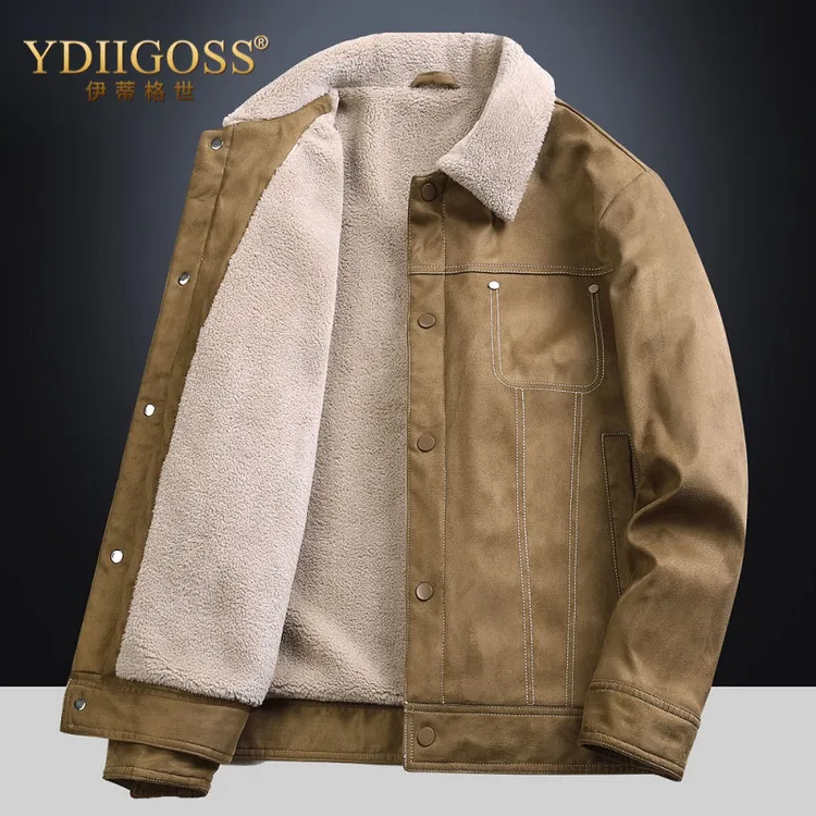 YDIIGOSS加厚工装棉衣男冬季加绒翻领棉服中青年男士麂皮夹克外