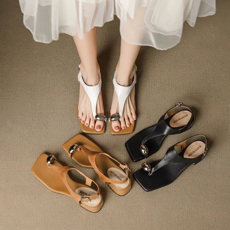 水洗牛皮凉鞋女款2025新款爆款一字带凉鞋中跟夹趾真皮夏季凉鞋女