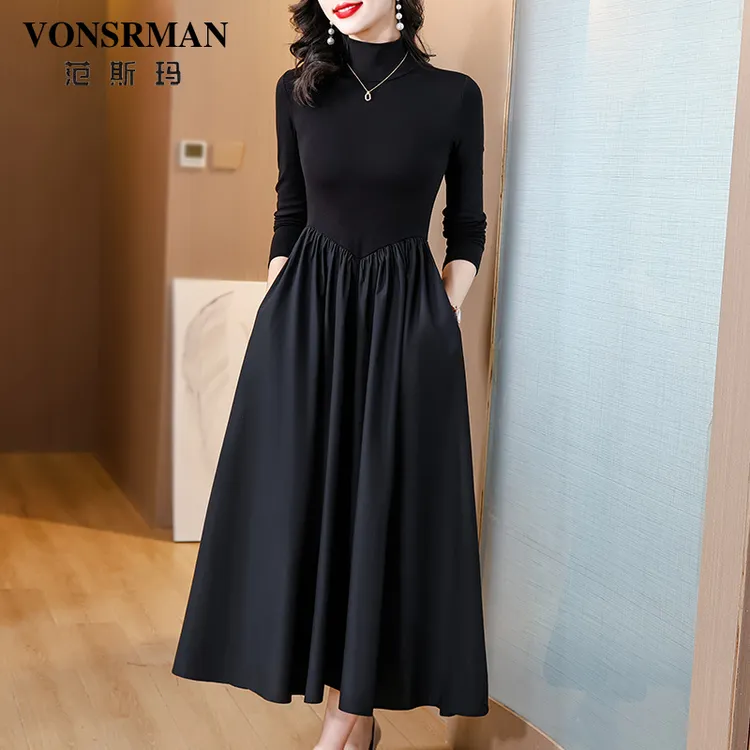 VONSRMAN黑色打底连衣裙女2025新款秋冬季时尚高级感气质修身长裙