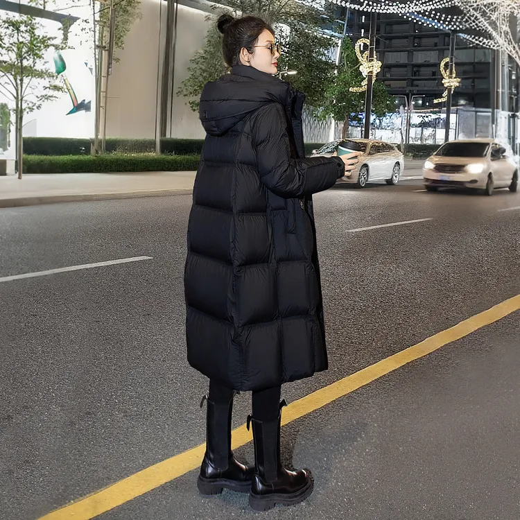 丝柏舍纯色百搭90绒保暖中长款冬季女装连帽过膝羽绒服S54B2484Y