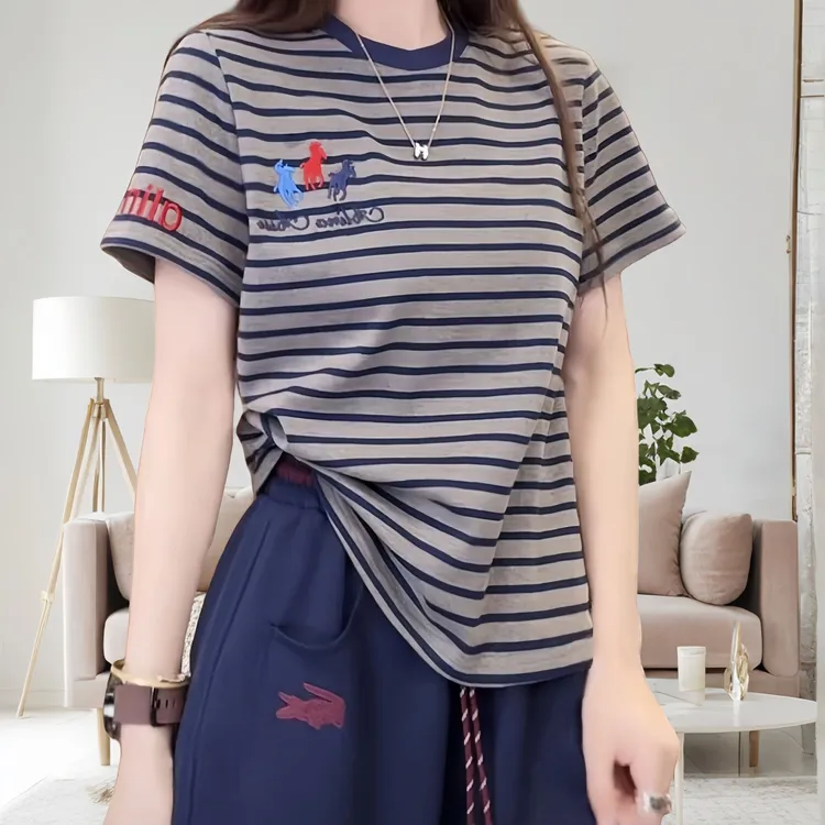 2025春夏新款百搭时尚T恤爆款简约显瘦短袖上衣刺绣韩版条纹打底