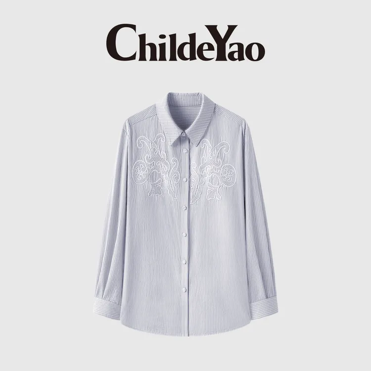 Childe Yao100高支高密棉网格镂空绣花翻领长袖条纹衬衫CYC59380