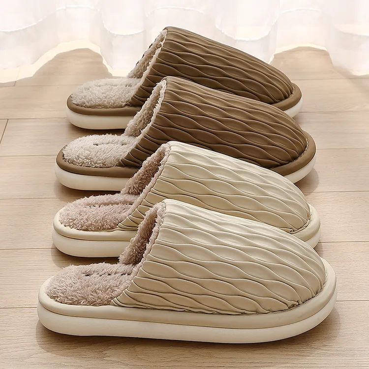 猫力褶皱棉拖鞋女士2025新款秋冬室内居家厚底保暖防滑情侣毛拖鞋