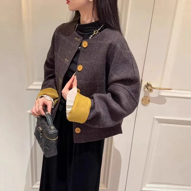 韩系圆领复古千鸟格高级感短款撞色毛呢外套女小个子呢子大衣夹克
