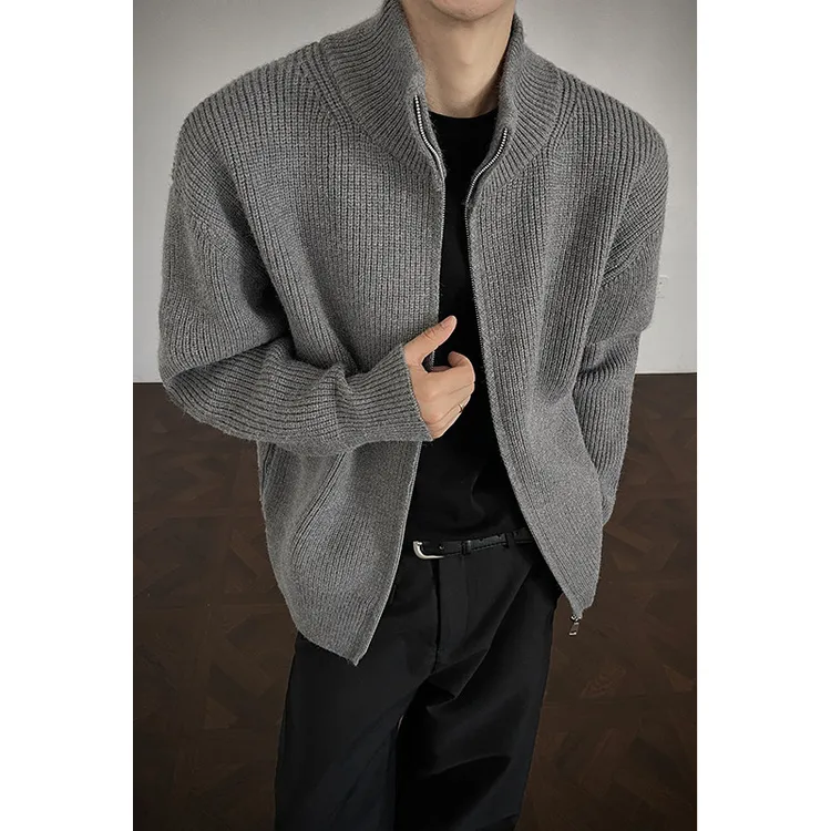 黑色cleanfit针织开衫外套男款秋冬高级感慵懒风韩系立领拉链毛衣