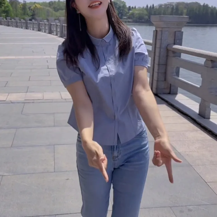 韩版休闲修身设计感衬衫洋气上衣气质短袖小衫2025新款女百搭衬衣