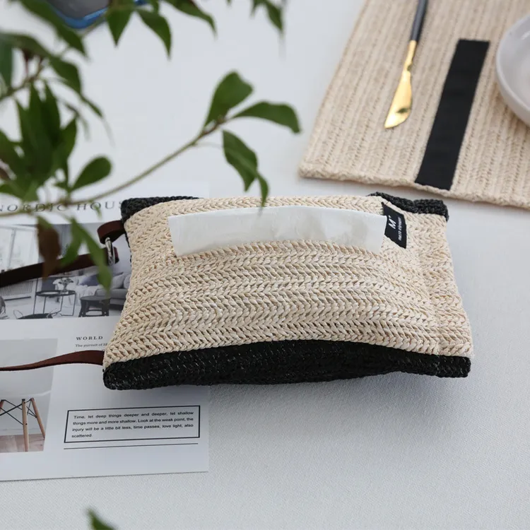 美作元素编织桌面纸巾盒ins简约家用抽纸盒多功能车载悬挂纸巾袋