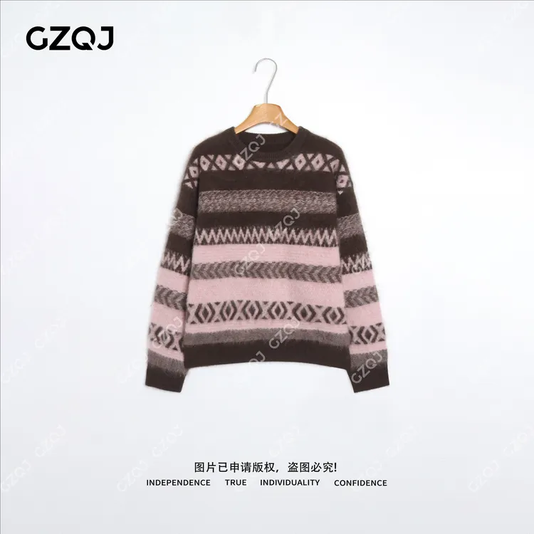 老琴私服【暖忆几何】山羊绒绵羊毛洋气时尚撞色拉毛毛衣女冬 2069