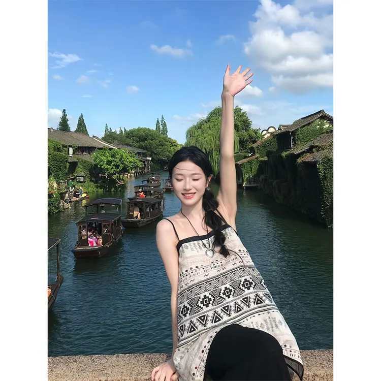 度假风吊带背心国风复古撞色印花无袖上衣直筒宽松休闲垂感阔腿裤