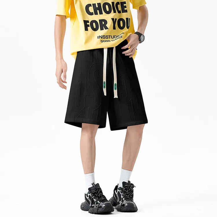 直筒抽绳字母提花五分卫裤男美式宽松大码肌理感凉感吸湿沙滩裤子