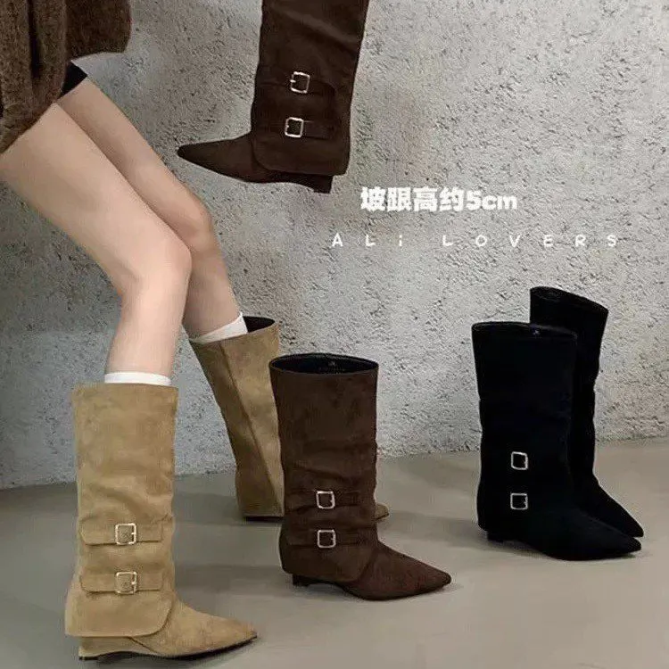 高跟尖头棕色靴子中筒骑士靴女鞋2025春秋冬裤管靴长筒复古长靴子