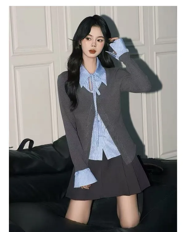 韩系条纹polo假两件开衫上衣女灰色ins拼接长袖打底T恤