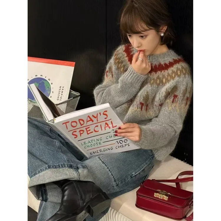 美貌色系!韩系复古费尔岛灰色毛衣女设计感针织衫慵懒风漂亮上衣