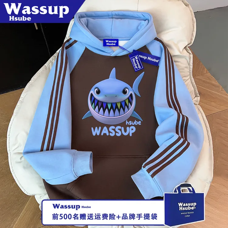 WASSUP HSUBE美式男女宽松秋冬卫衣印花卡通鲨鱼三条杠连帽上衣