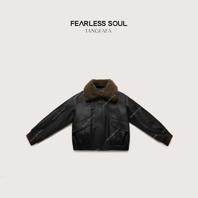 唐发发TFF 经典飞行员皮衣头层绵羊皮一体毛领外套 825FF836 =