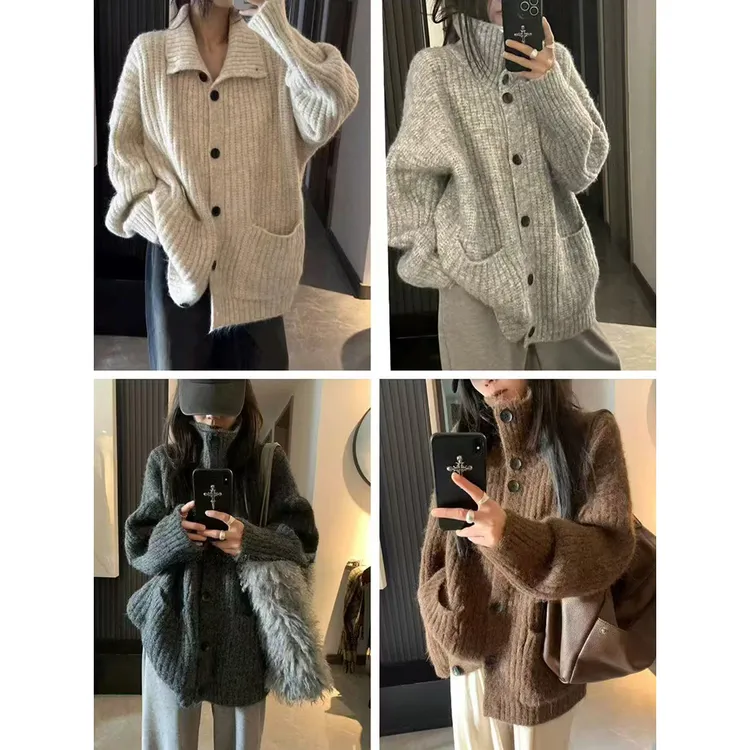 慵懒感高领纽扣毛衣外套女春秋加厚开衫81115清冷系禅意衣服女