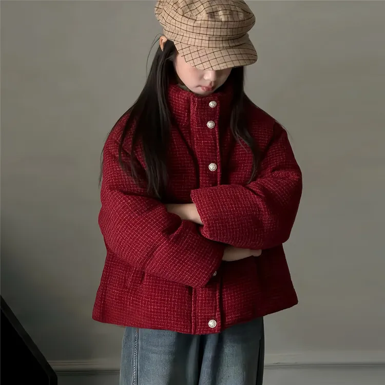 女童加绒兔毛棉衣外套2025新款女孩红色过年拜年服棉服大童棉袄冬
