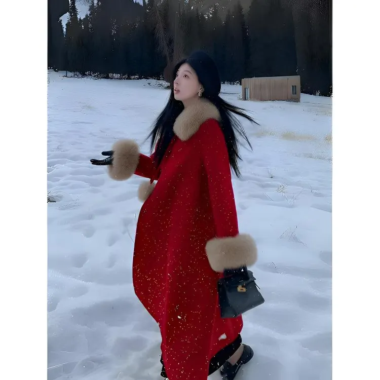 红颜知己 新年战袍红色斗篷毛呢外套冬季加厚中长款过膝呢子大衣