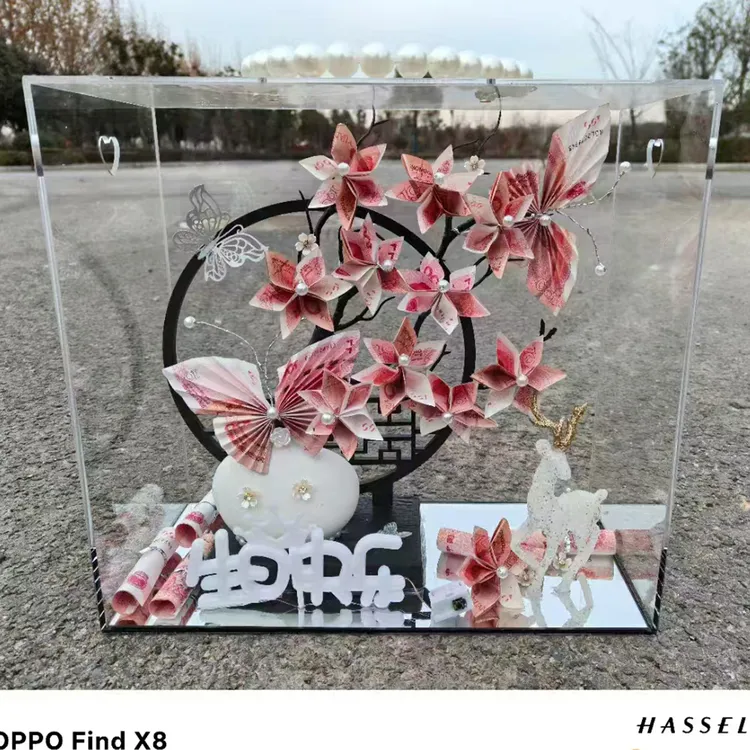 亚克力diy花盒发财树手提插花有钱520情人节花店材料透明礼盒