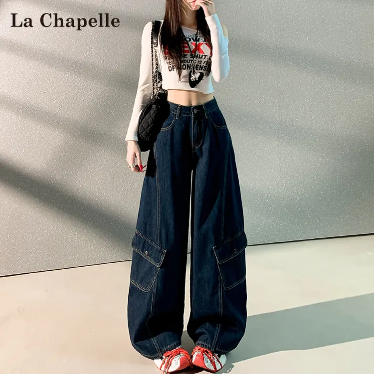 拉夏贝尔美式高街工装牛仔裤女春秋慵懒风时尚显瘦宽松直筒阔腿裤