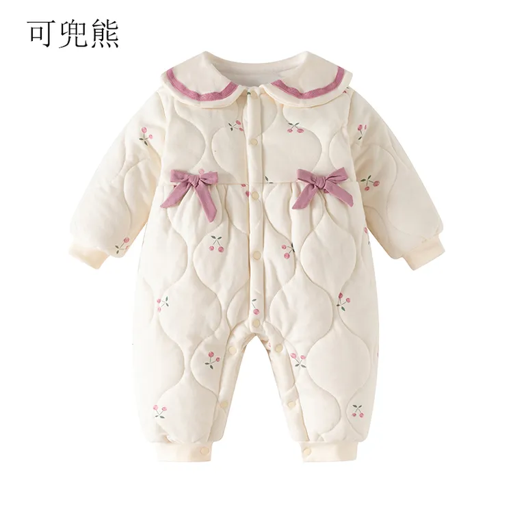 婴儿冬季新款加绒夹棉连体衣新生儿秋冬女宝宝0-4岁保暖外出服