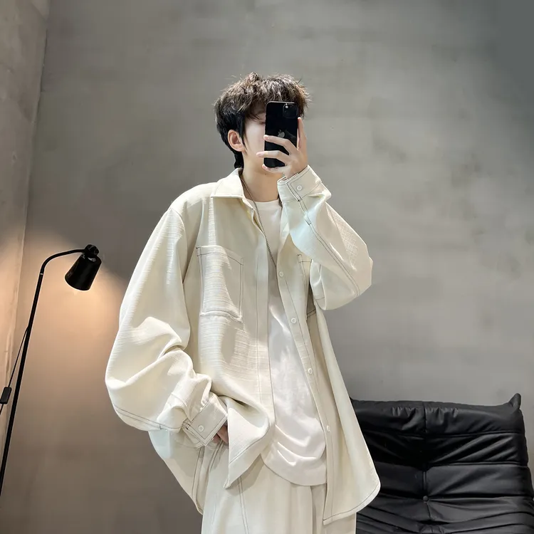 秋夏ins日系时尚潮流立领衬衫短袖短裤情侣极简风时尚套装男帅气