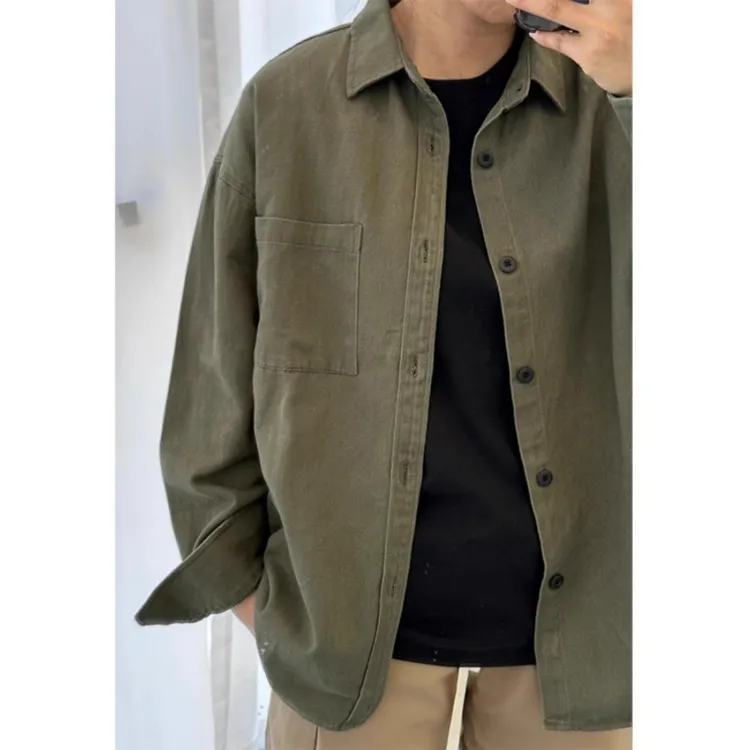 军绿色工装长袖衬衫男感痞帅宽松翻领上衣潮牌可外穿衬衣外套