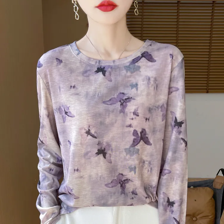 哥弟阿玛施正品春夏季天丝水墨印花圆领长袖T恤女休闲打底衫上衣