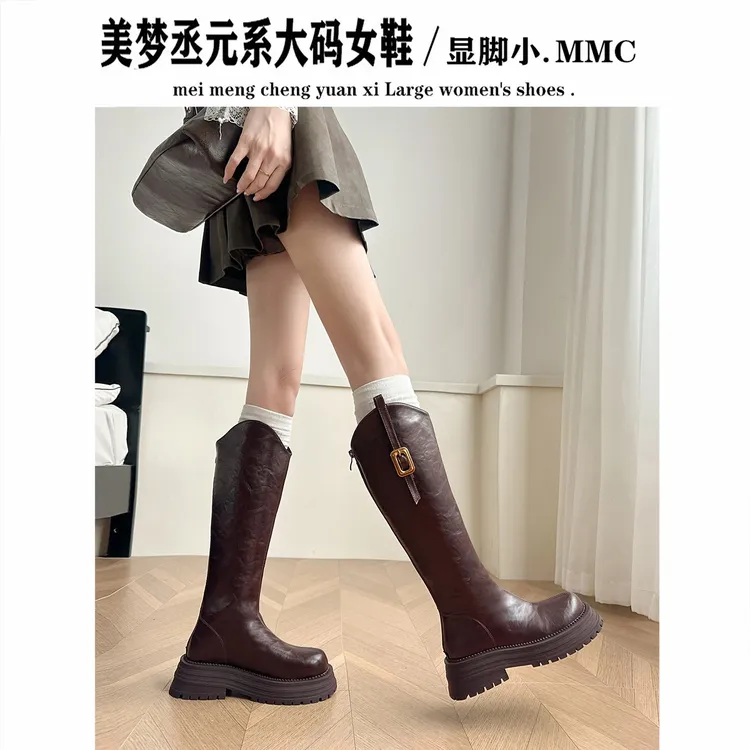 雅丹风胖mm粗腿大筒围长筒靴女厚底粗腿骑士靴高筒大筒围大码女靴