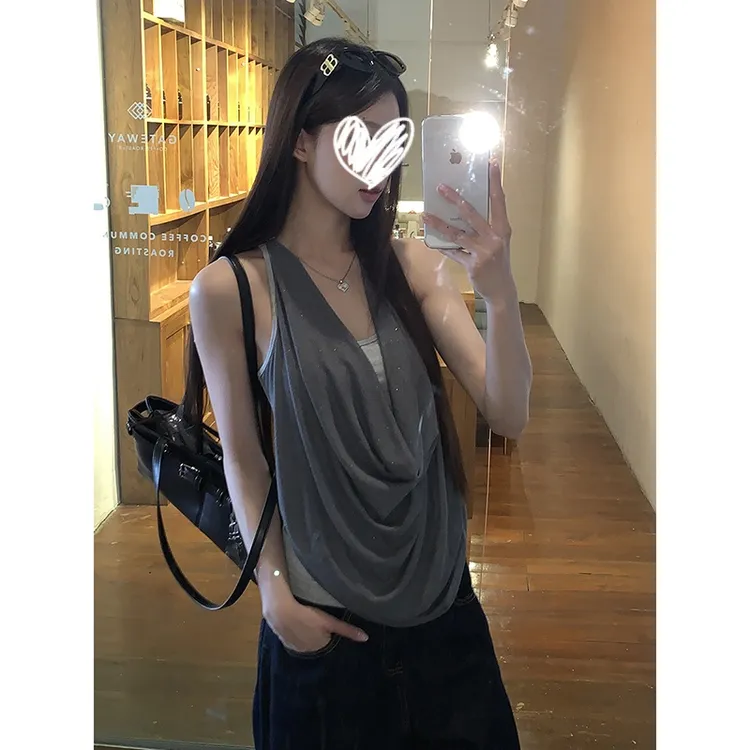 YIDENG2025年春夏纯欲辣妹荡领吊带女辣妹性感设计感背心显瘦上衣