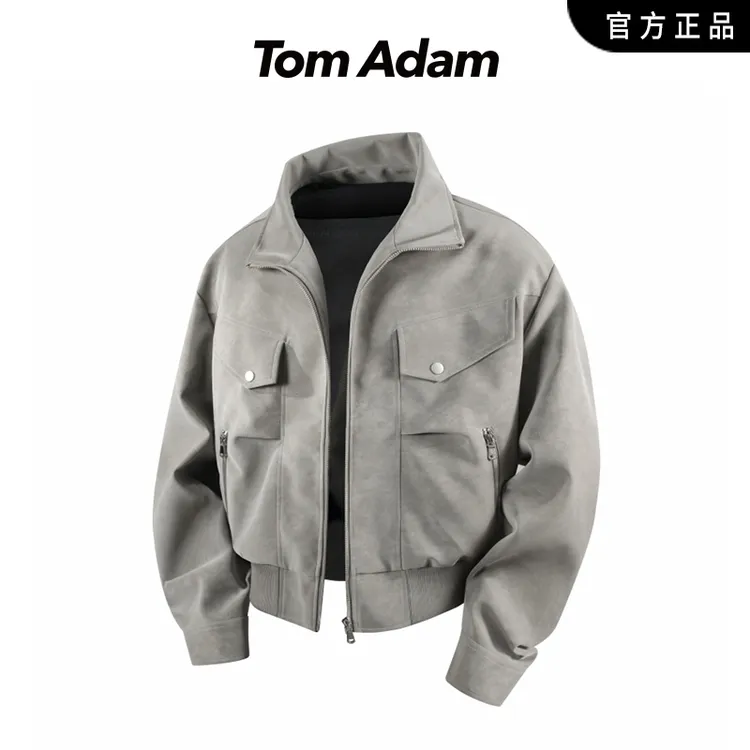 TOMADAM夹克外套男秋冬立领重磅美式复古多口袋工装硬汉PU皮衣
