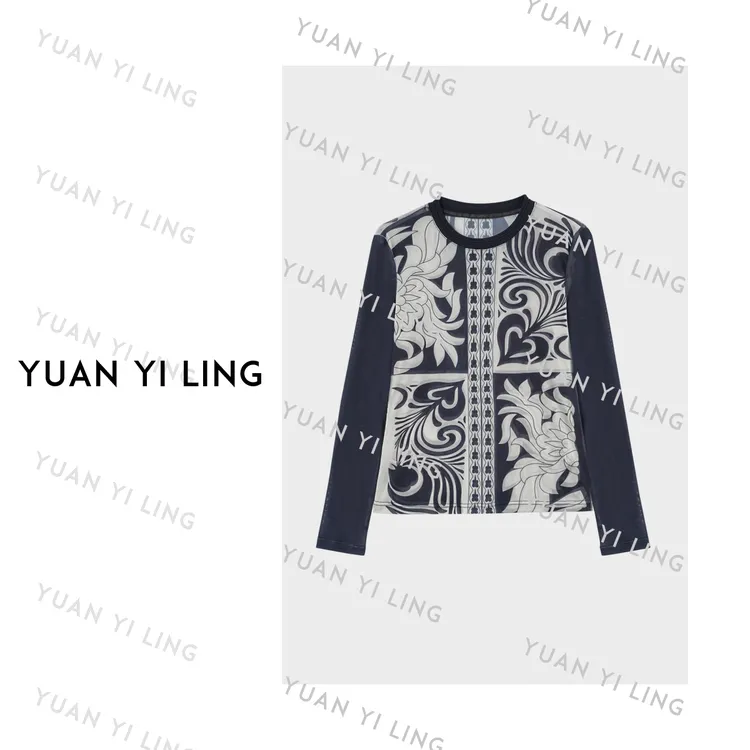 袁艺灵【中古t】25秋冬撞色复古设计感网纱圆领长袖打底 T恤3115