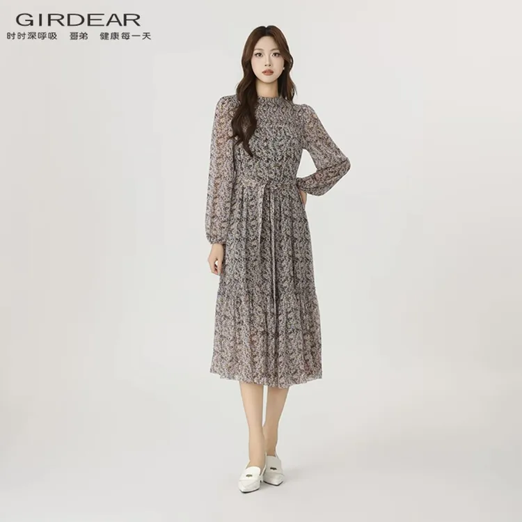 哥弟女装新款洋气温柔立领宽松复古碎花显瘦中长款连衣裙子150034