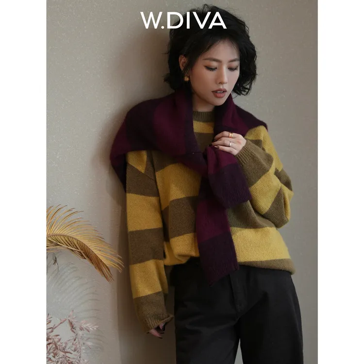 W.Diva【撞色条纹】康宝莱条纹羊绒桑蚕丝圆领长袖毛衣54Z113366