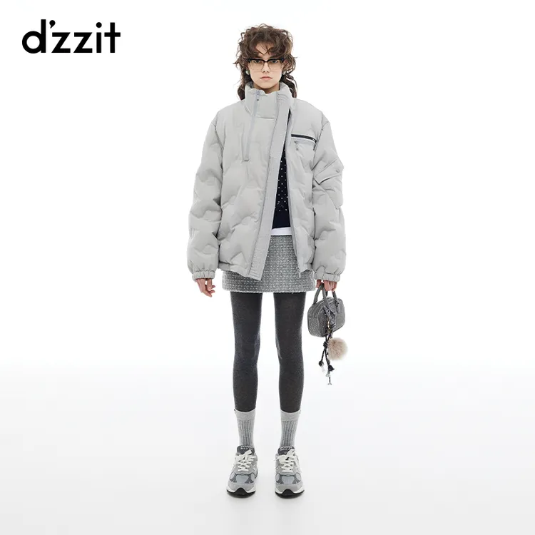 dzzit地素羽绒服冬季摩登斜襟拉链设计压花廓形外套女3I4K319